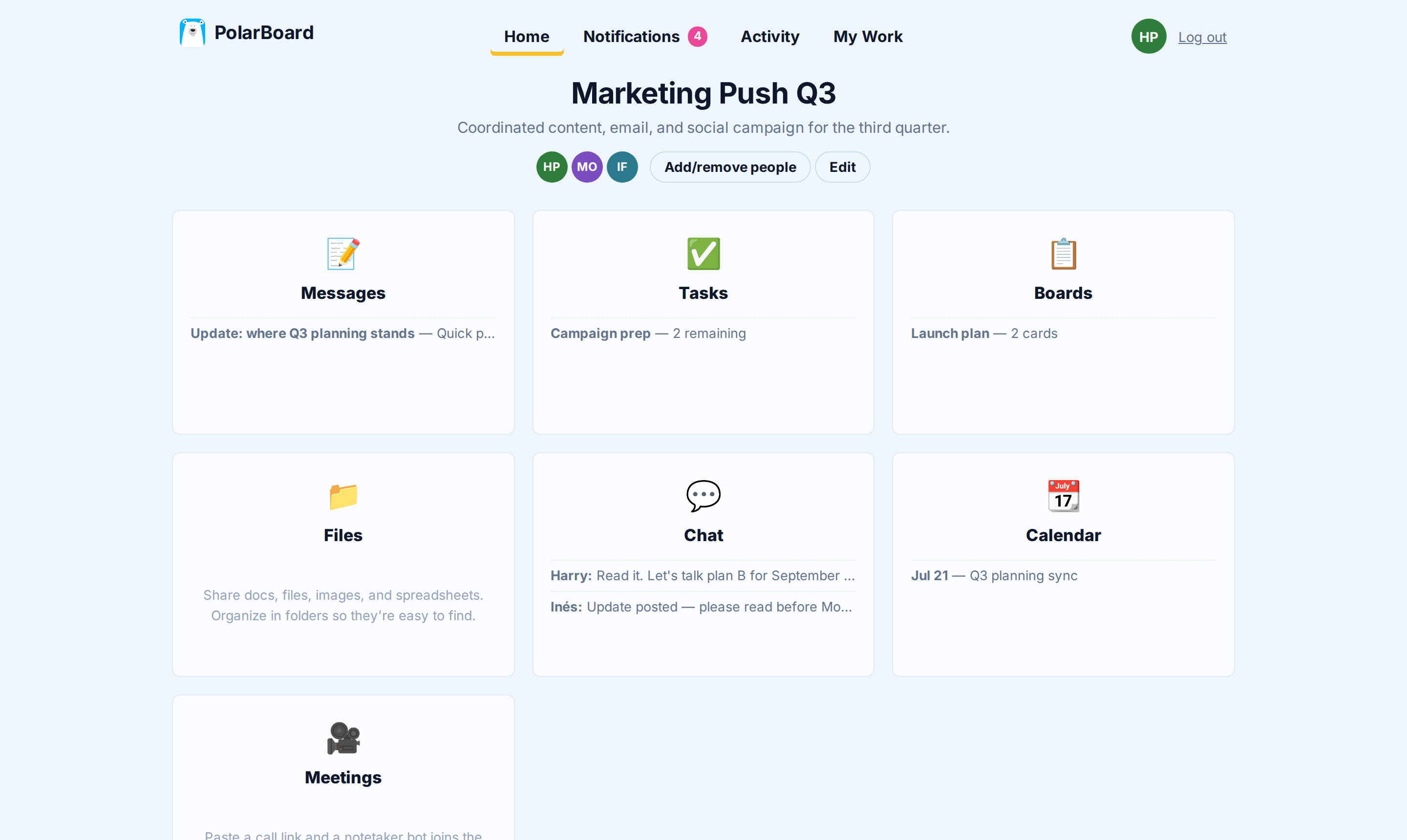 A PolarBoard project with Messages, Tasks, Boards, Chat, Calendar and Meetings tools