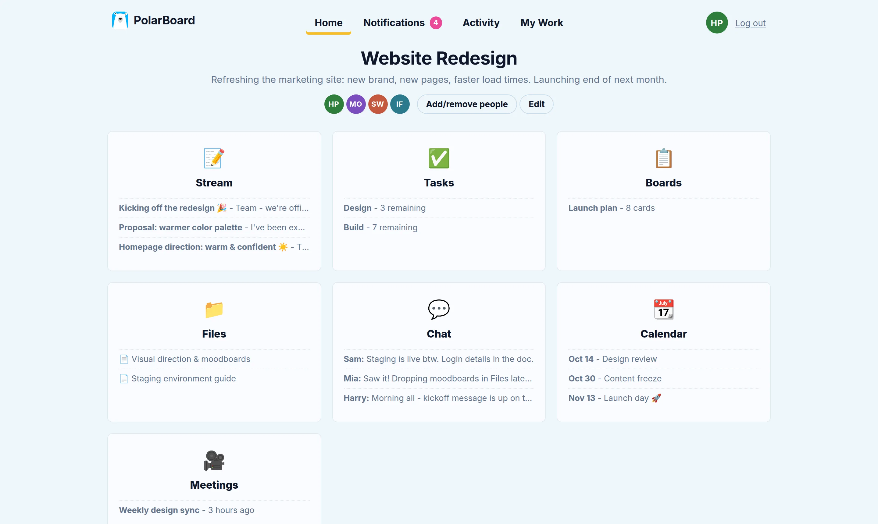 A PolarBoard project with its Stream, Tasks, Boards, Files, Chat, Calendar and Meetings