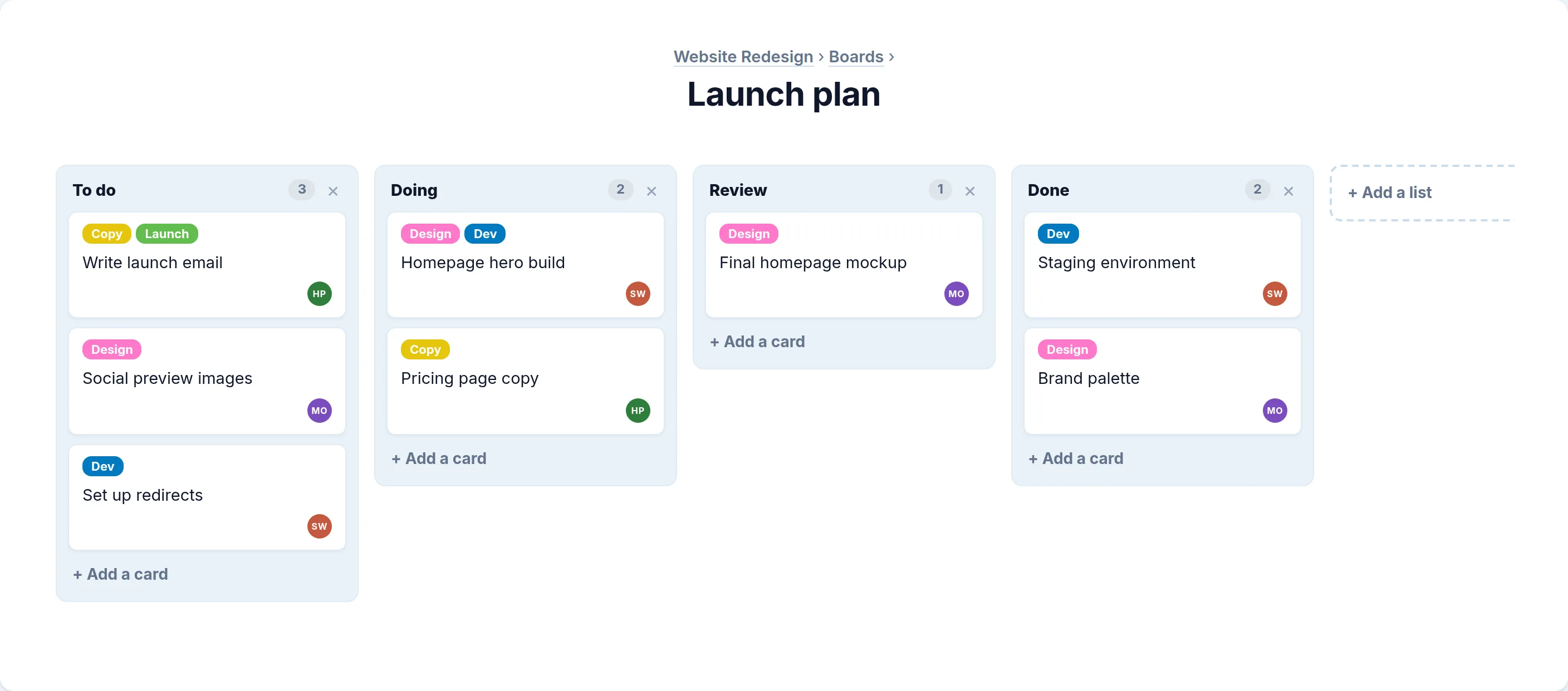 A kanban board called Launch plan with To do, Doing, Review and Done columns, labelled cards and owners
