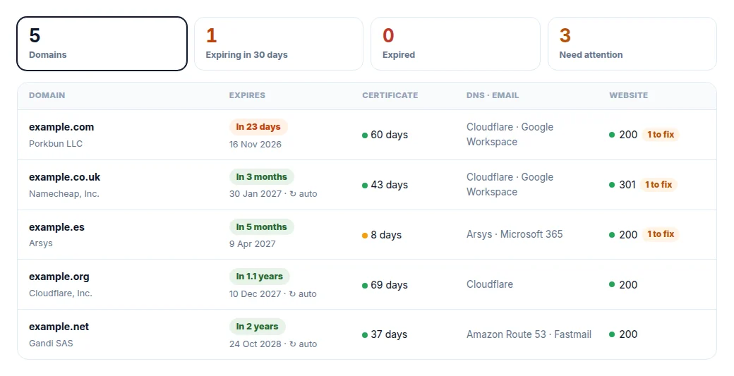 The Domain manager: five domains with when each expires, its certificate, DNS and email, and how many things need fixing