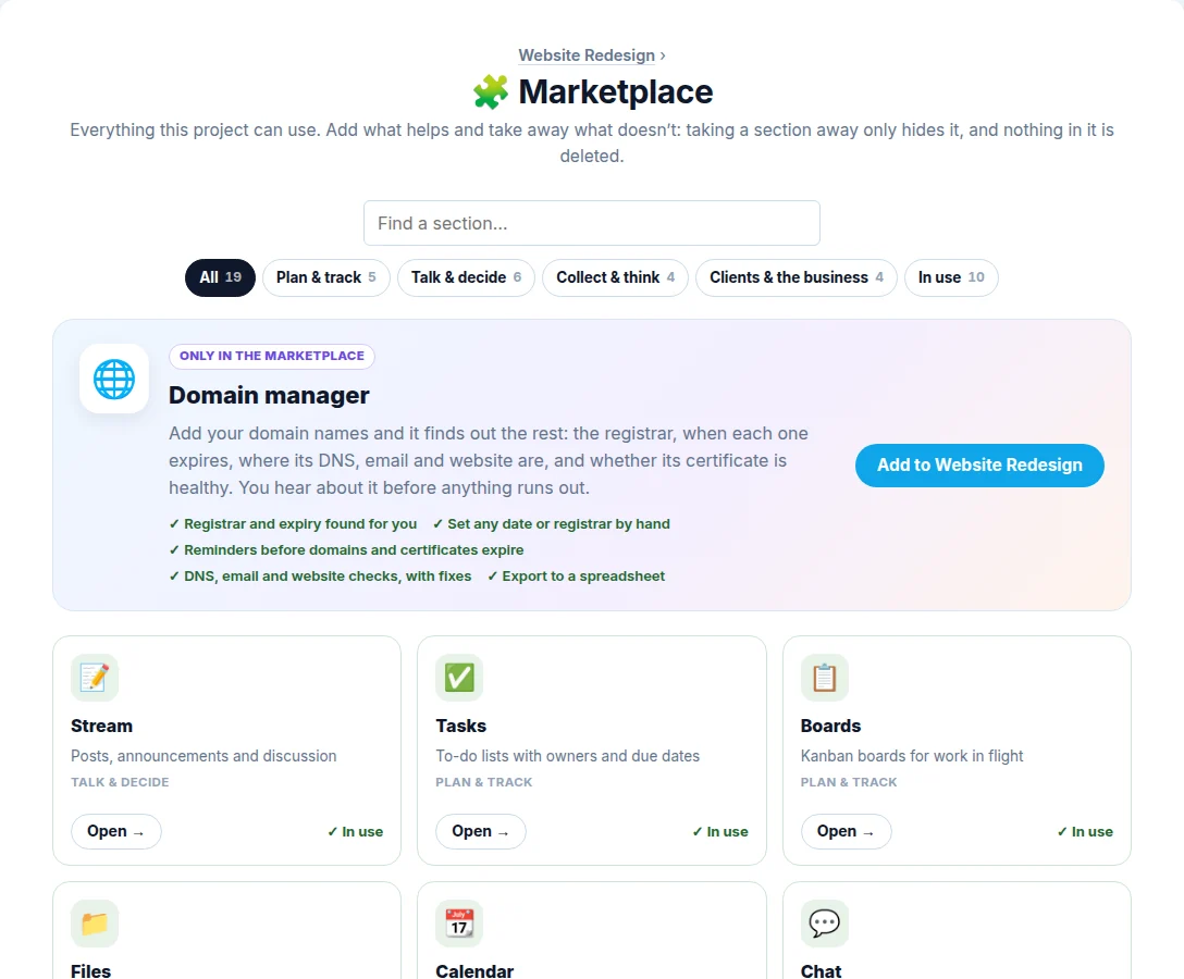 The Marketplace in a project: the Domain manager featured at the top, then cards for Stream, Tasks, Boards and the rest, each marked In use or ready to add