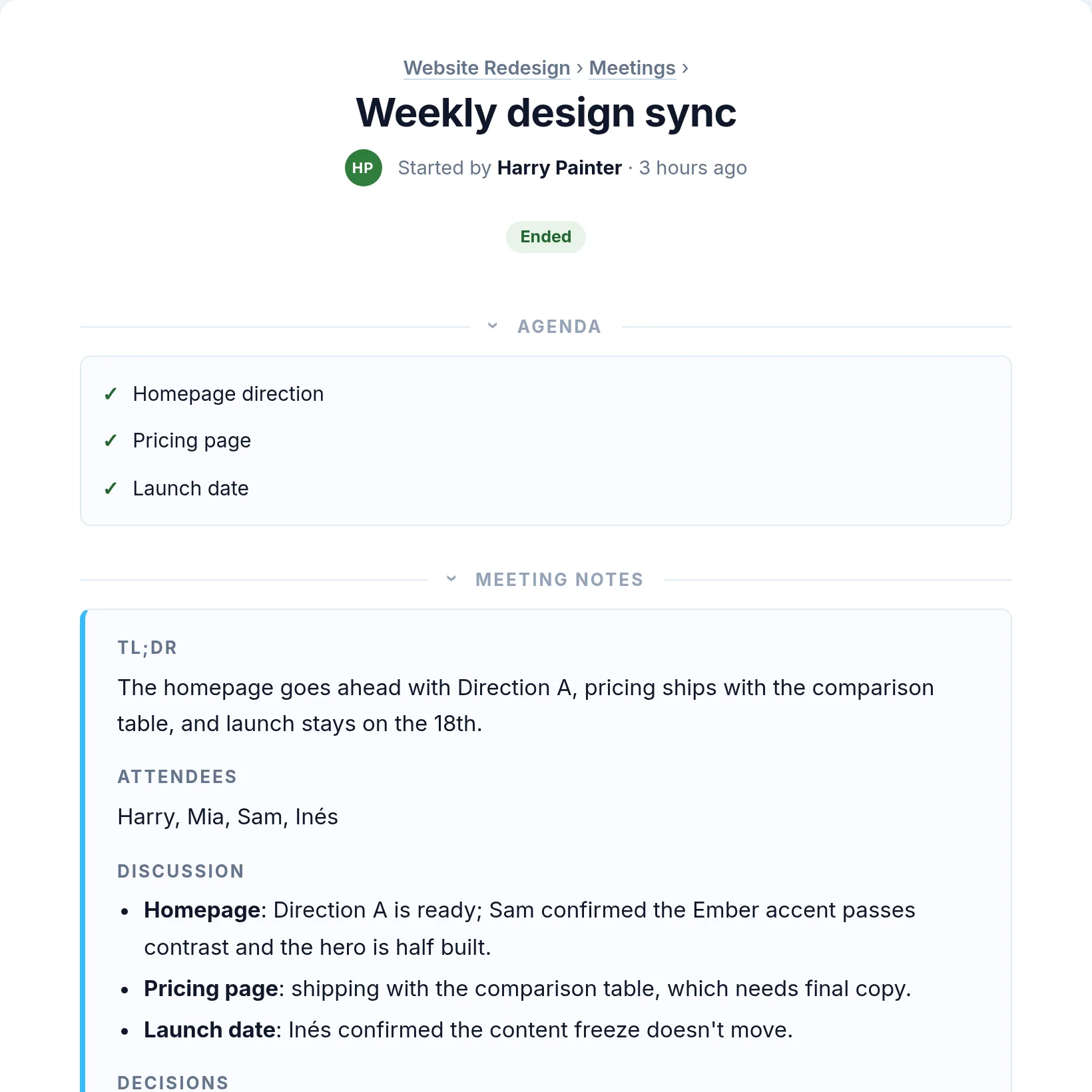 Meeting notes for a weekly design sync: agenda ticked off, TL;DR, discussion, decisions and action items