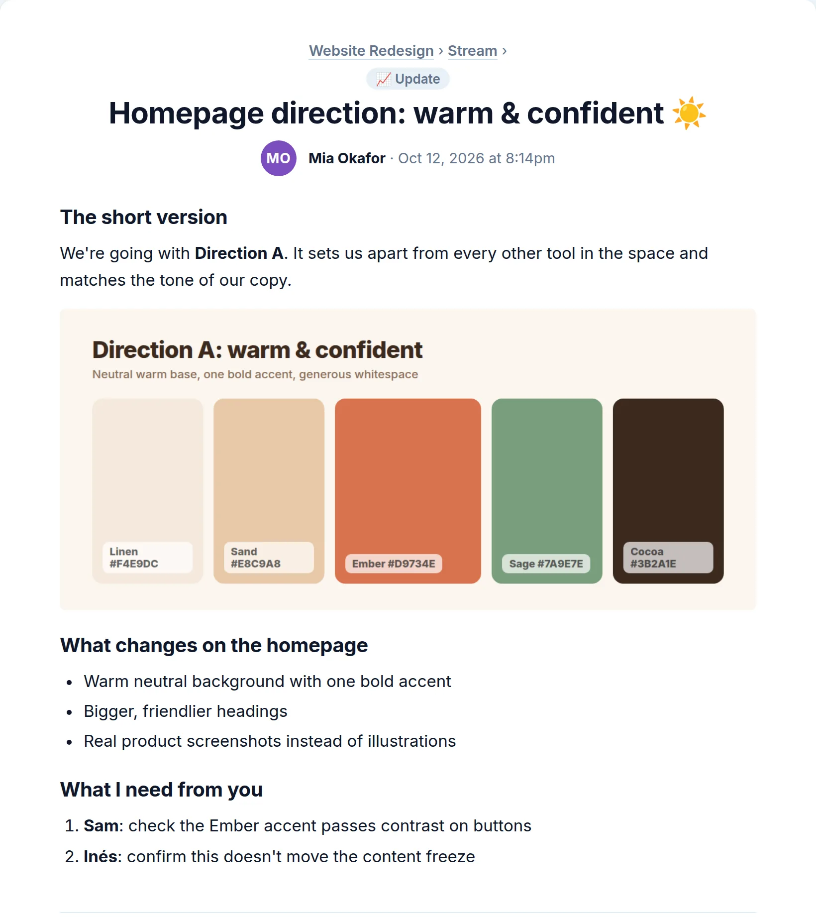 A stream post with headings, an image of a colour palette, a bulleted list and a numbered list