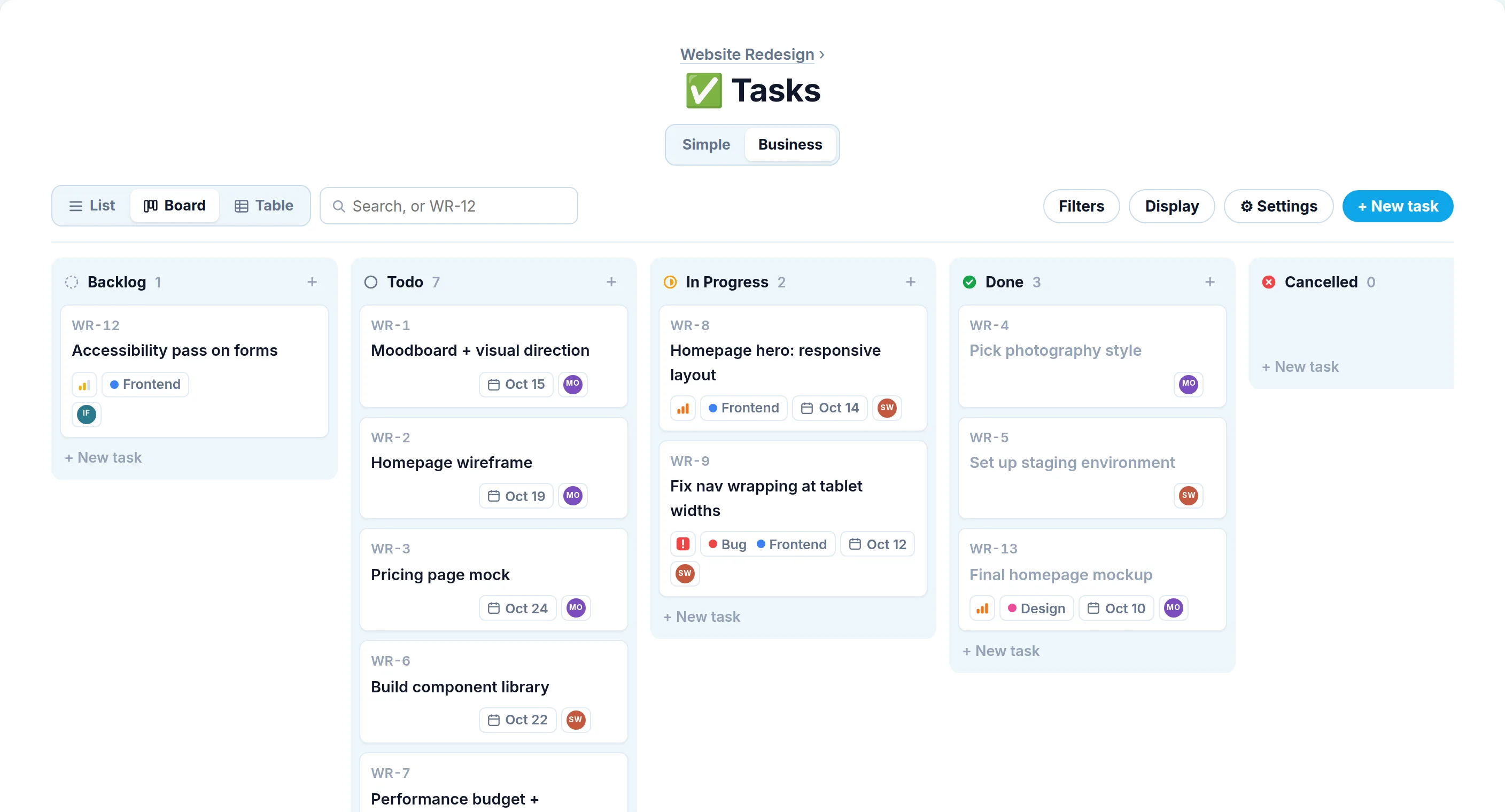 Tasks in Business mode, shown as a board grouped into Backlog, Todo, In Progress, Done and Cancelled